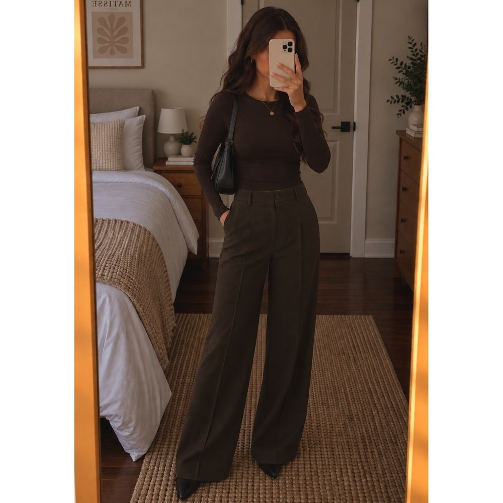 Zara Women's Pleated Wide-Leg Trousers Brown Olive Green High Waisted Pants L